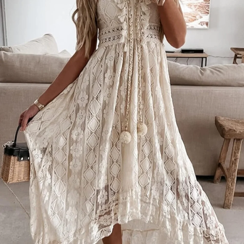 Boho White Lace Maxi Dress with Tassel Tie